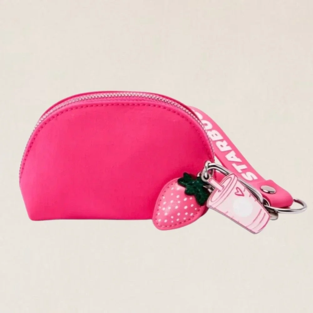 Starbucks Pink Drink Keychain Pouch & Charms Hot Pink Nylon Wristlet Limited Ed